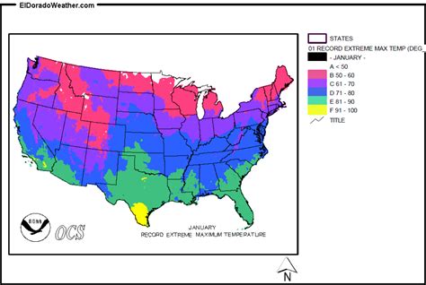 United States Record Extreme Maximum Temperature for January Map