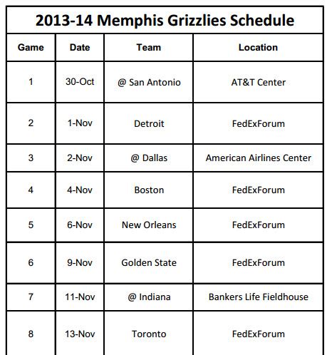 2013-14 Memphis Grizzlies Schedule - PrinterFriendly