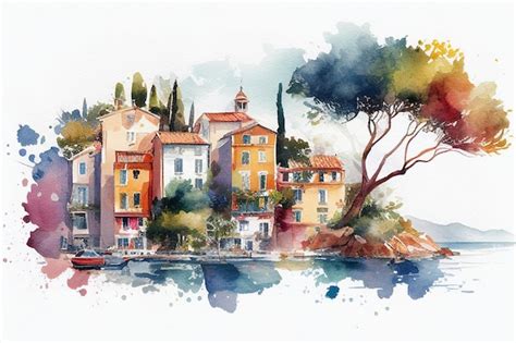 Premium AI Image | Watercolor painting of a small town by the sea