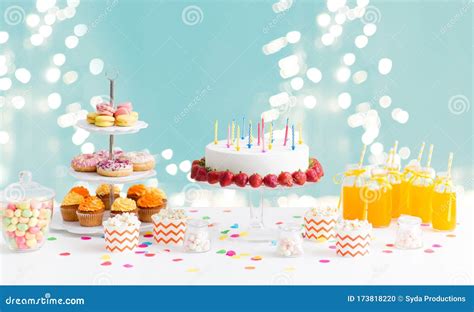 Food and Drinks on Table at Birthday Party Stock Photo - Image of concept, glass: 173818220