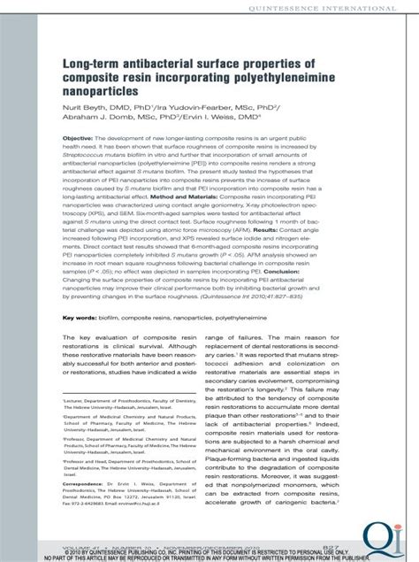 Long-term antibacterial surface properties of composite resin incorporating polyethyleneimine ...