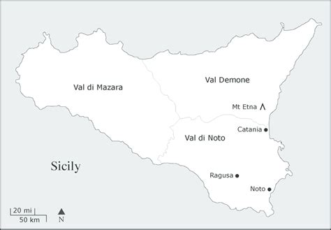 A map of Sicily showing the Val di Noto and its principal cities and ...