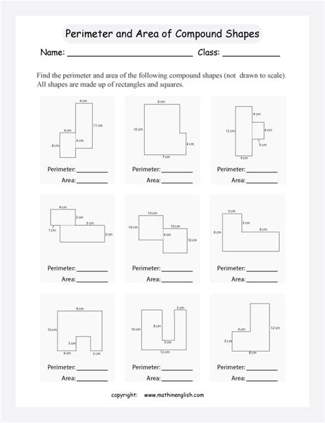 Find the perimeter and area of compound shapes (not drawn to scale).All shapes are made up of ...