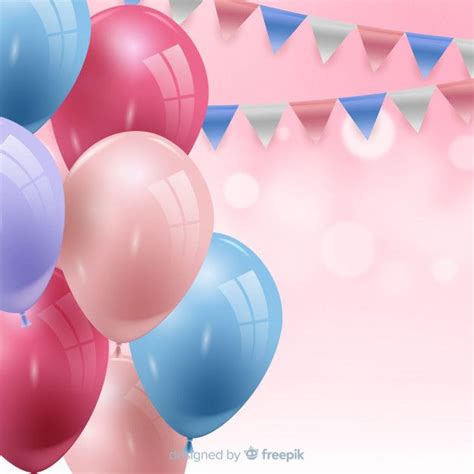 there are many balloons and streamers on this pink party background ...