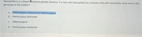 Solved Hemophilia is a x-linked ithcessive genetic disease. | Chegg.com