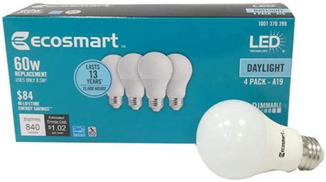 (4 Pack) Ecosmart A19 LED 60 Watt Replacement (8.5W) Daylight White (5000K) 840 Lumens Energy ...