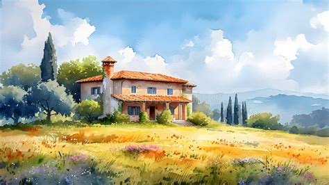 Beautiful House on the Hill with Blue Sky Watercolor Painting Stock Illustration - Illustration ...