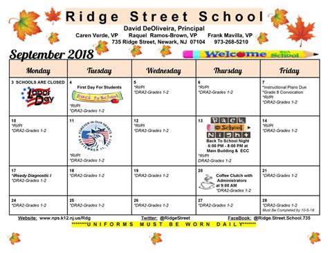 School Monthly Calendar - Ridge Street