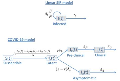 Diagram comparing the Linear SIR model and the COVID-19 model. The ...