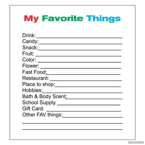 Favorite Things List Template Printable - Gridgit.com