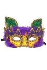 Mardi Gras Cat Masquerade Mask with Purple Feathers and Fancy Gold Trim