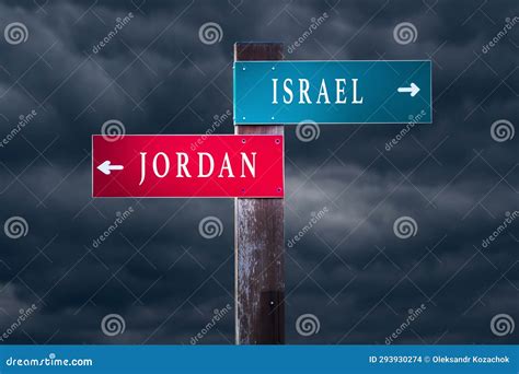 JORDAN Versus ISRAEL, Middle East Conflict Concept. Direction Signs Pointing To Different Sides ...
