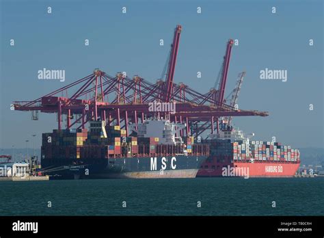 Durban, South Africa, two cargo ships, cranes loading containers at ...