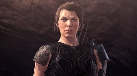 A Monster Hunter World: Iceborne screenshot showing Milla Jovovich's character in the movie ...