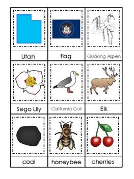 Utah State Symbols themed 3 Part Matching Preschool Literacy Card Game.