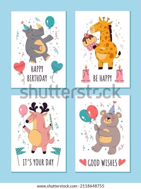 Birthday Animal Greeting Card Isolated Set Stock Vector (Royalty Free ...