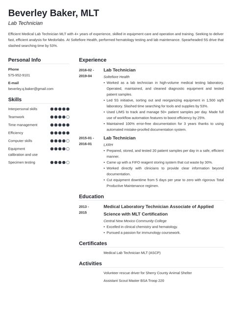 Lab Technician Resume Sample (with Skills & Job Description)