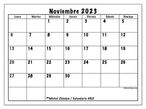 Calendario noviembre de 2023 para imprimir “621LD” - Michel Zbinden PR