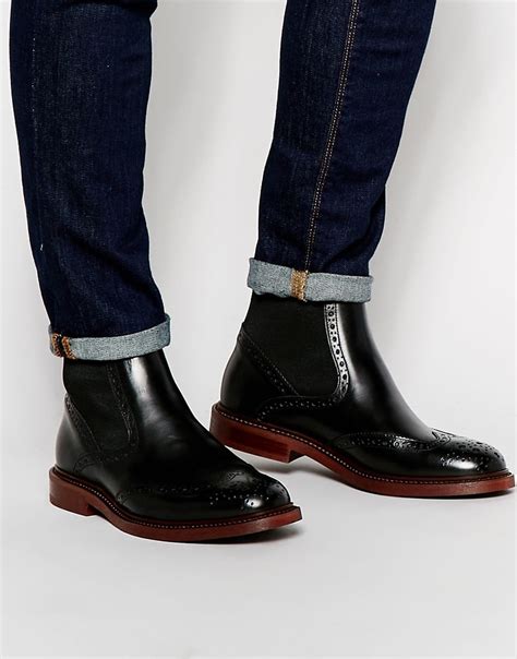 ASOS Brogue Chelsea Boots In Black Leather With Chunky Sole - Black for Men - Lyst