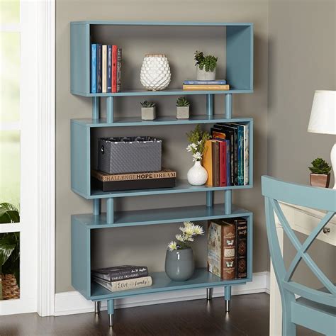 Mid Century Modern Wooden Accent Bookshelf in Blue Finish with 3 ...