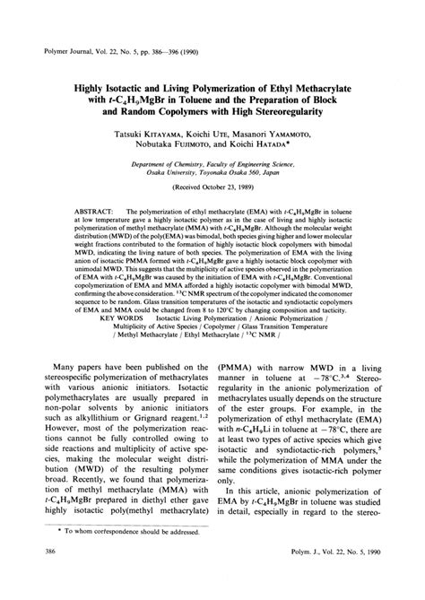 (PDF) Highly Isotactic and Living Polymerization of Ethyl Methacrylate with t-C4H9MgBr in ...