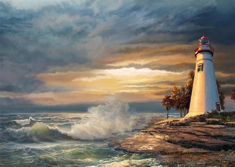 Sunset with Ohio Marble Head Lighthouse Painting by Regina Femrite