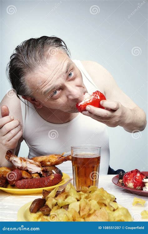 Older Man in a-shirt Eating Junk Unhealthy Sweets Stock Image - Image of fitness, condition ...