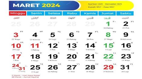 Download Kalender Maret 2024 Lengkap Penanggalan Islam 1445 Hijriah ...