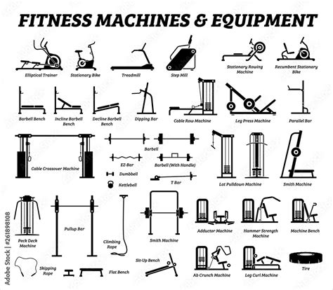 Fitness, cardio, and muscle building machines, equipments set at gym ...