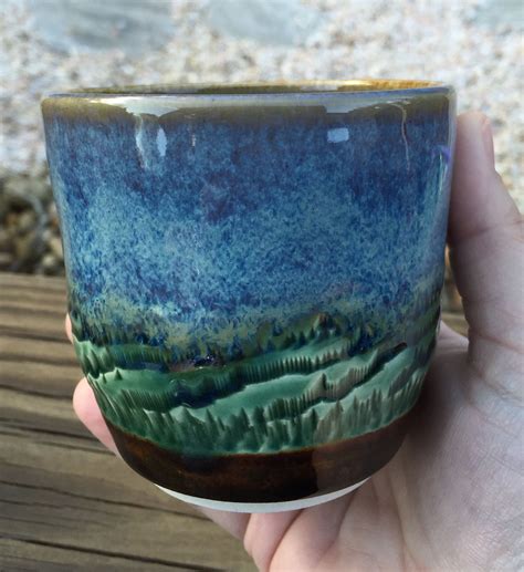 Amaco Blue Rutile, dark green and textured amber brown by Catherine Kirkpatrick | Glaze ceramics ...