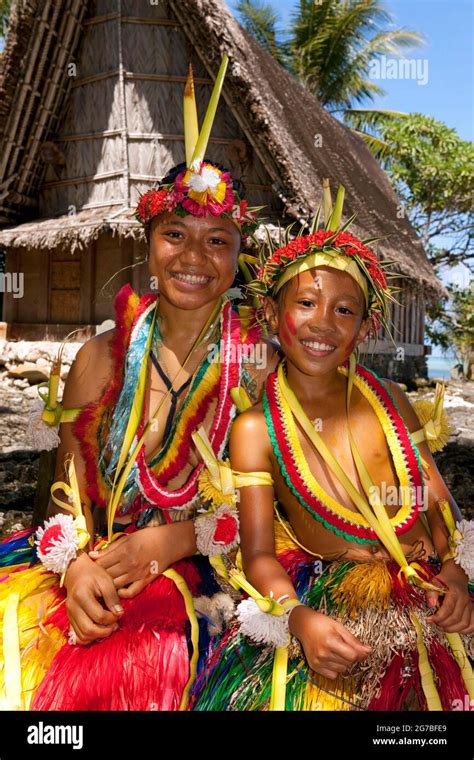 Girl and boy decorated for traditional bamboo dance, Yap Island, Yap Islands, Federated States ...