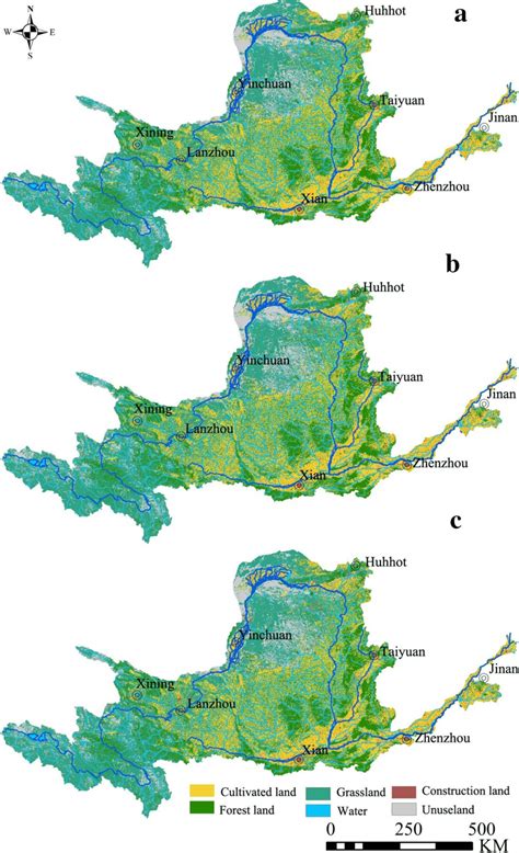 Land use and cover map of the Yellow River Basin in 1995 (a), 2005 (b)... | Download Scientific ...