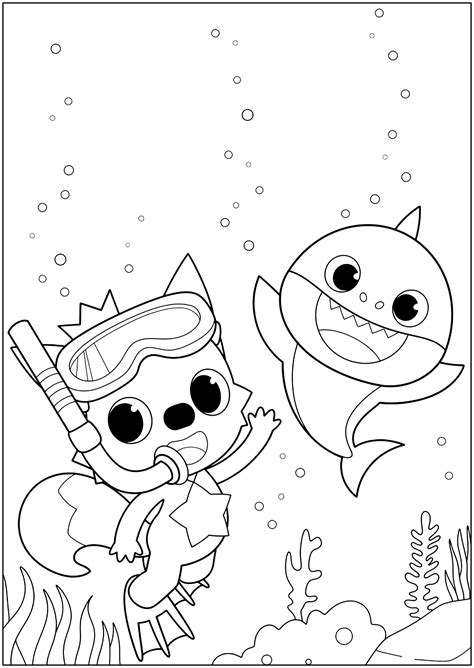 Baby Shark with Pinkfong and scuba diving accessories - Baby Shark Coloring Pages for Kids