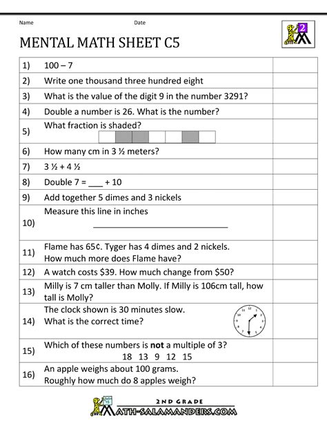 Mental Math Worksheet 2nd Grade