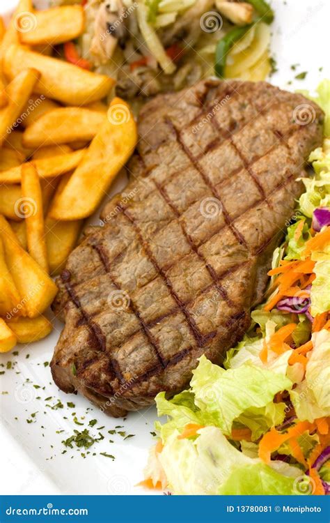 Sirloin Steak with Chips ,mushrooms,salad Stock Image - Image of food ...