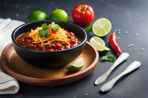 Premium AI Image | a bowl of chili with chili and limes on a black ...