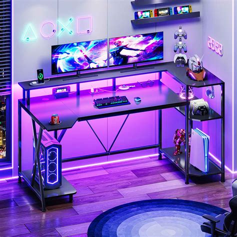 Sikaic Gaming Desk with LED Lights Storage Shelves Black