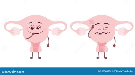 Uterus with Appendages Ovaries Sick and Healthy Sad and Funny Vector ...