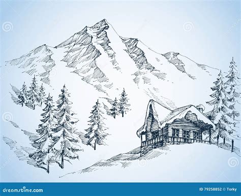 Nature in the Mountains Sketch Stock Vector - Illustration of house, environment: 79258852