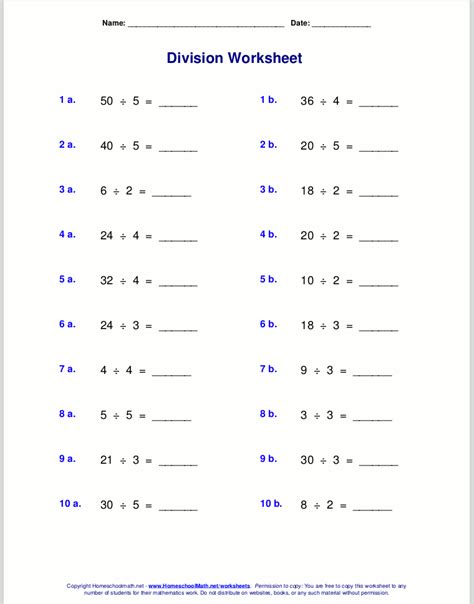 Worksheets for basic division facts (grades 3-4)