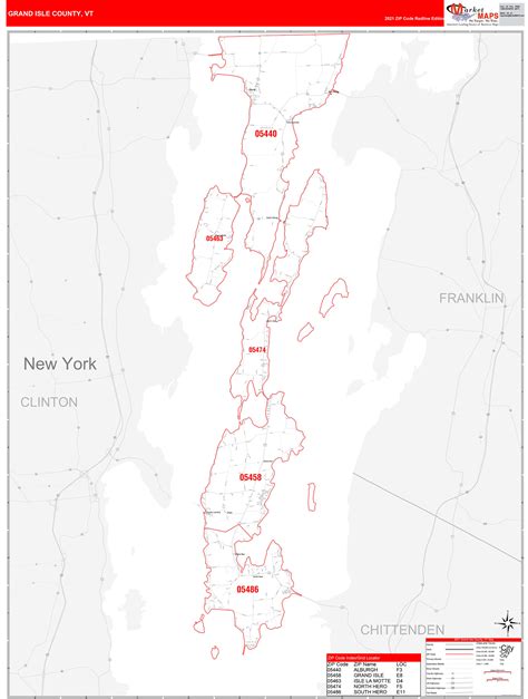 Grand Isle County, VT Zip Code Wall Map Red Line Style by MarketMAPS