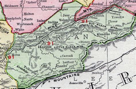 Harlan County, Kentucky 1911 Rand McNally Map Cawood, Dizney, Klondike ...