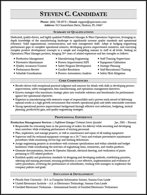 Sample Resume Summary For Manufacturing - Temiarianae