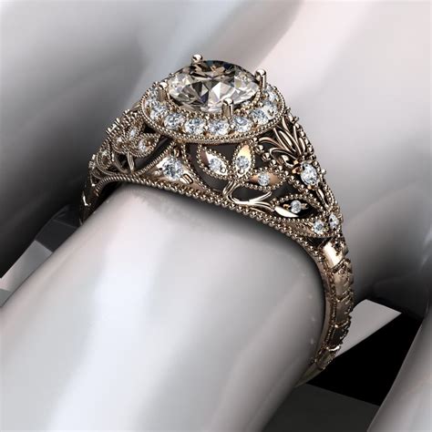 Antique Style Moissanite Engagement Halo Ring with Diamonds