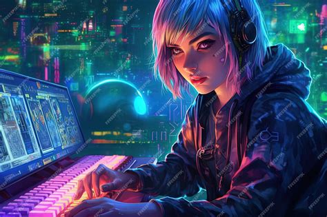 Premium Photo | Cyberpunk hacker anime girl with an edgy haircuy typing ...