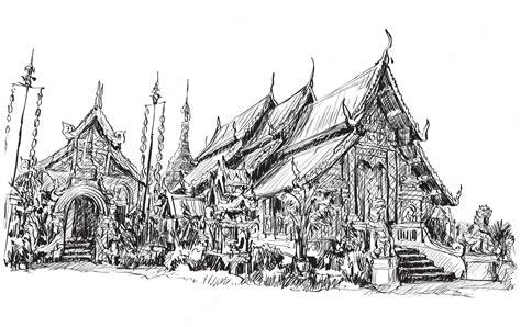 Premium Vector | Sketch of Thai temple asia style in Chiangmai