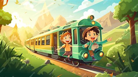 Un niño de dibujos animados y un niño van al tren con un tren | Vector ...