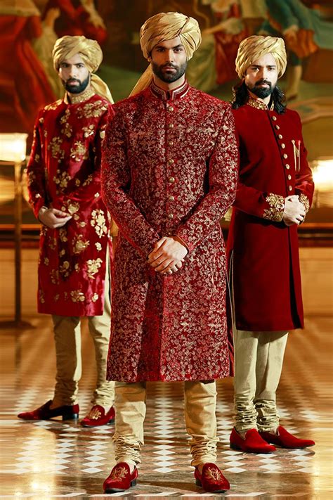 Samyakk Red And Golden Silk Embroidered Achkan Sherwani Sherwani For Men Wedding, Wedding ...