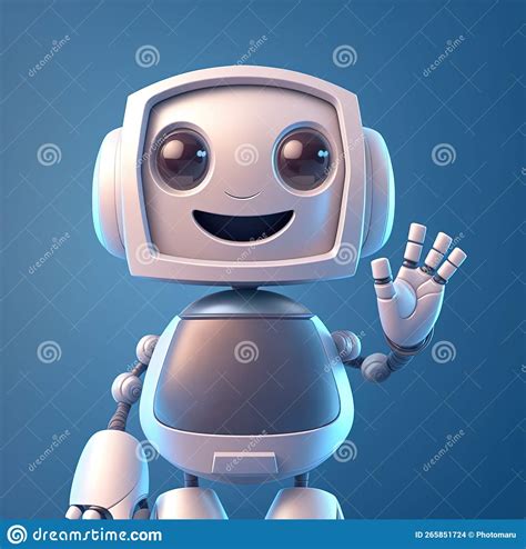 Cute Little Robot Waving Hello Smiling, Waist Up Portrait Over Blue ...