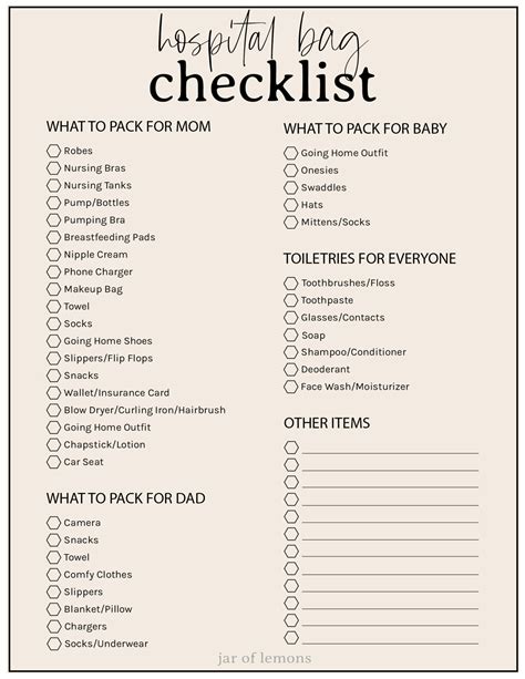 Printable Hospital Bag Checklist